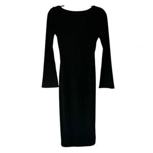 ☀️Line & Dot Black Ribbed Knit Midi Dress Bell Sleeves Boat Neck Size L